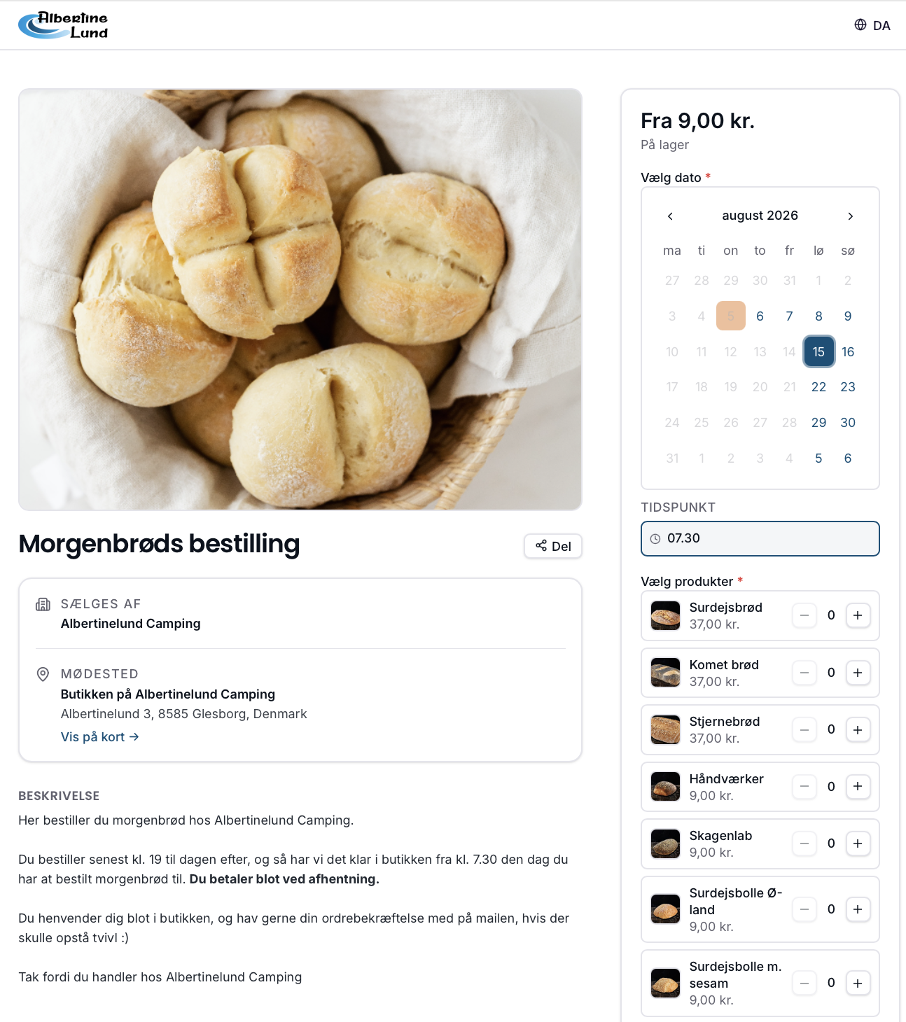 Morgenbrødsbestilling med afhentningstidspunkt
