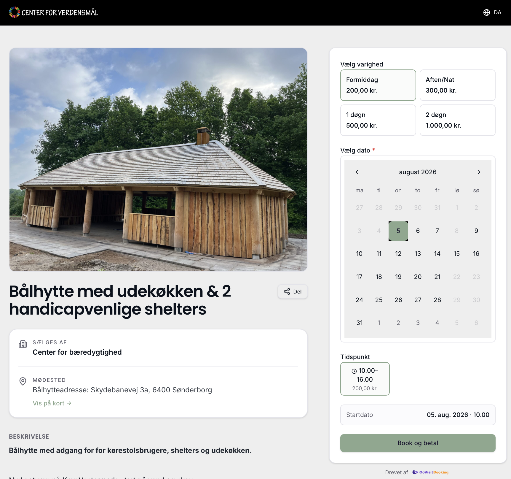 Bålhytte booking-side med varighed og dato