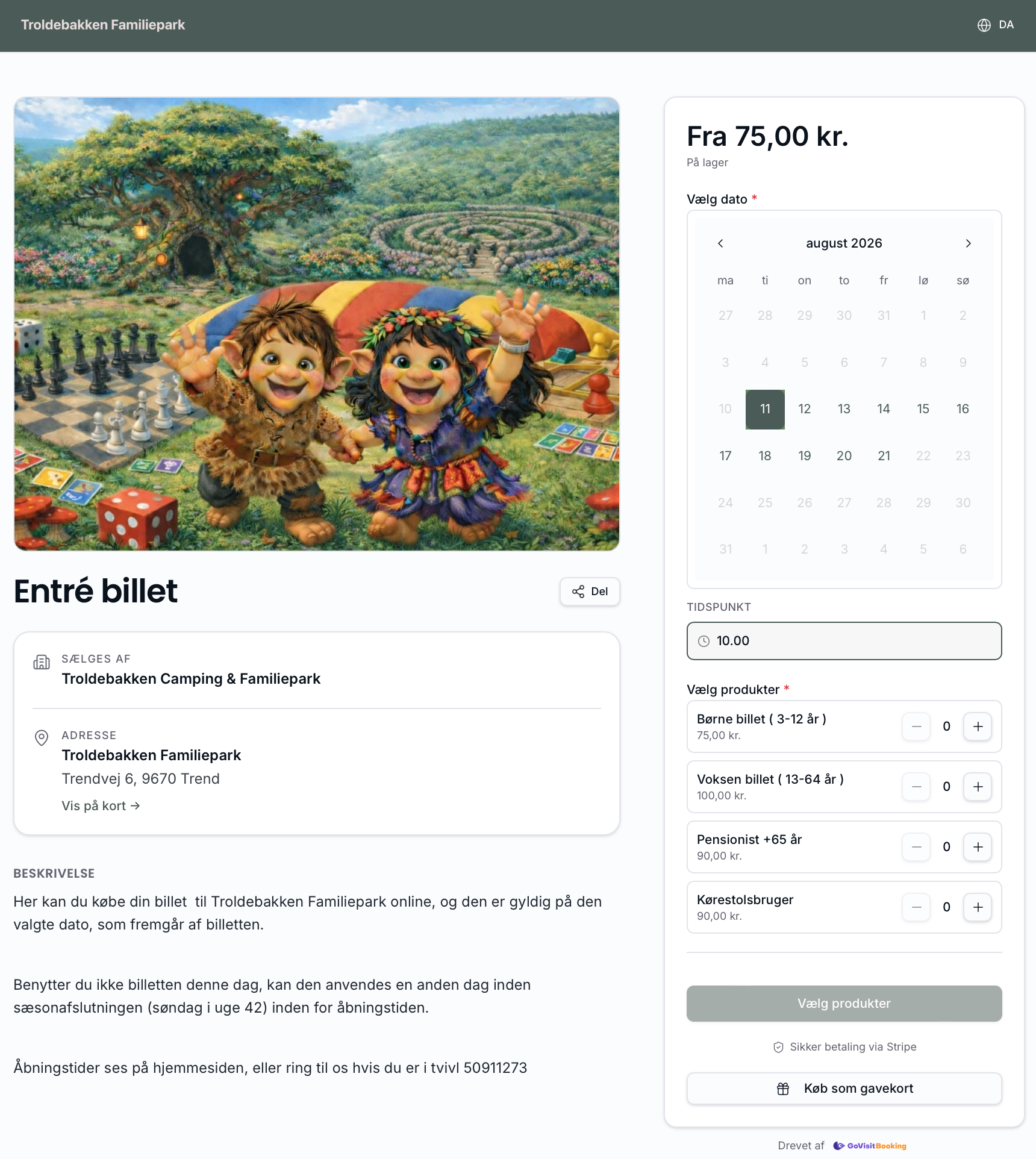 Entrébillet til familiepark med datovalg og billettyper