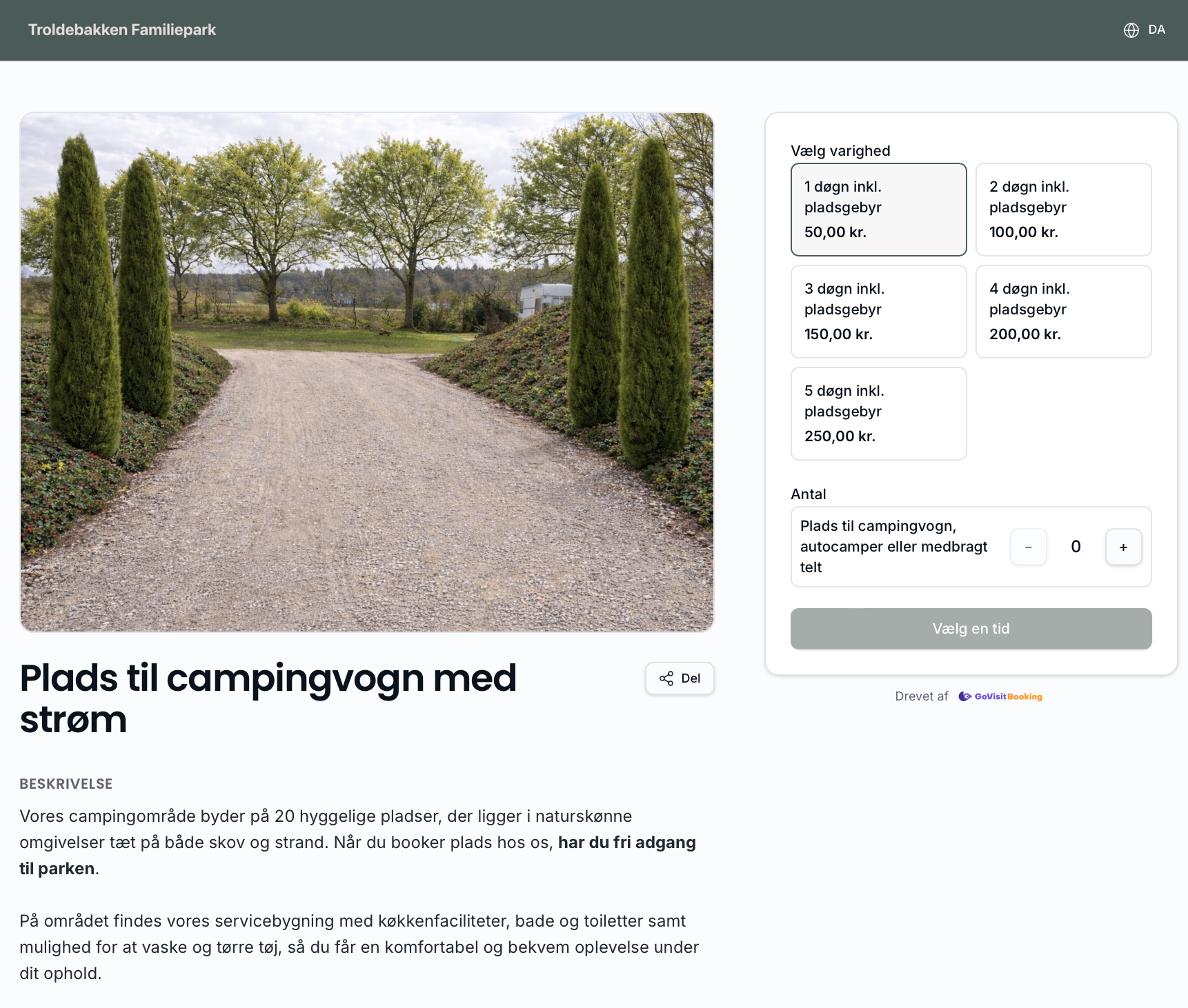 Campingplads med strøm — valg af varighed og antal